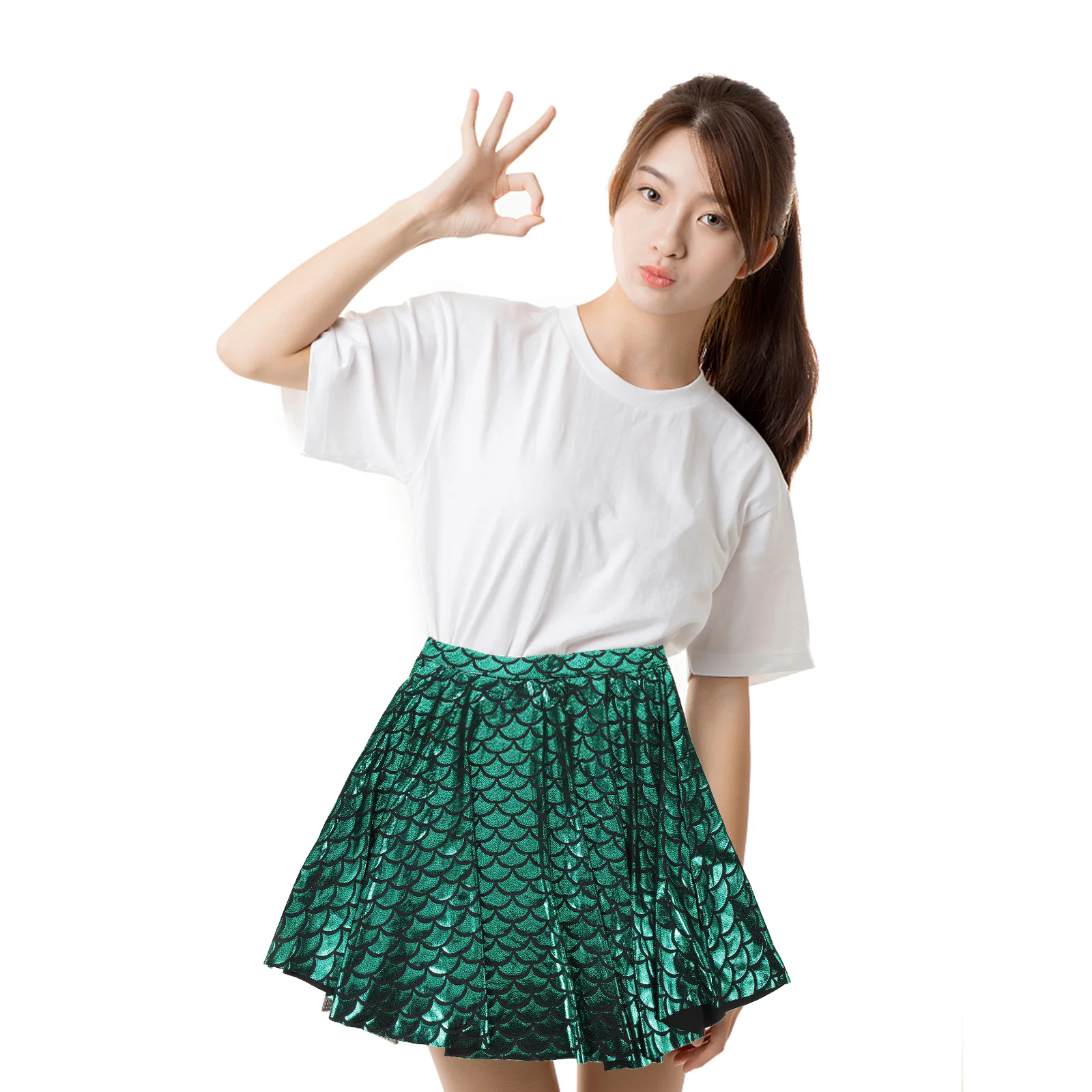 Women Summer Personality Scales Short Skirt Female Temperament Fashion Pleated Skirt(Green,L) Fish Scales Skirt