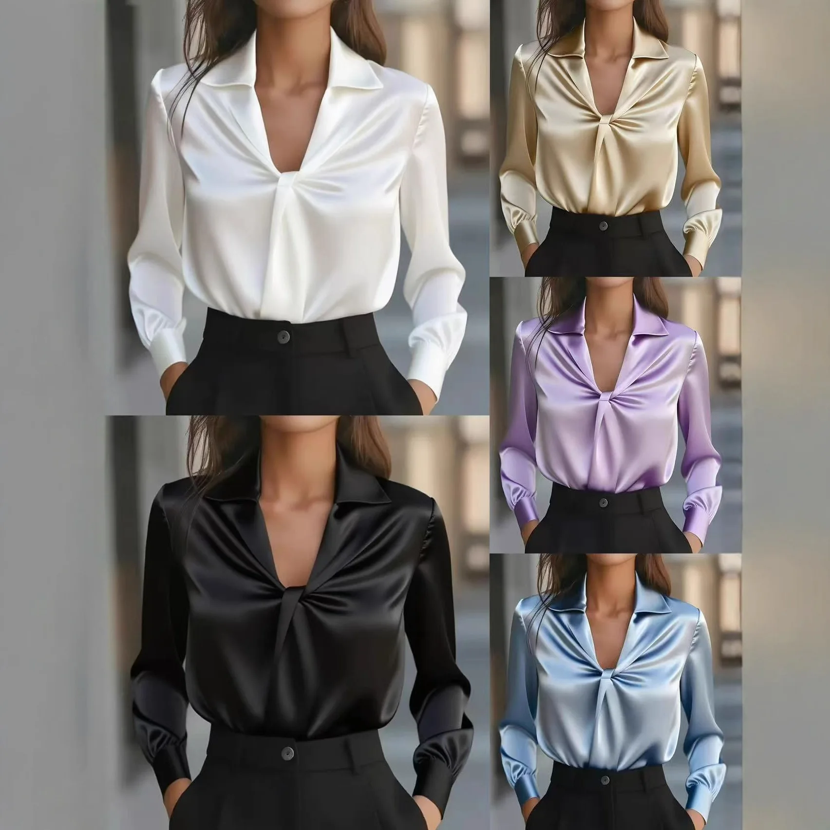 Women's Satin Shirt Long Sleeve Pleated Ruffle Blouse Fall Casual Elegant Tops Solid Color Office Work Chic Shirt for Women