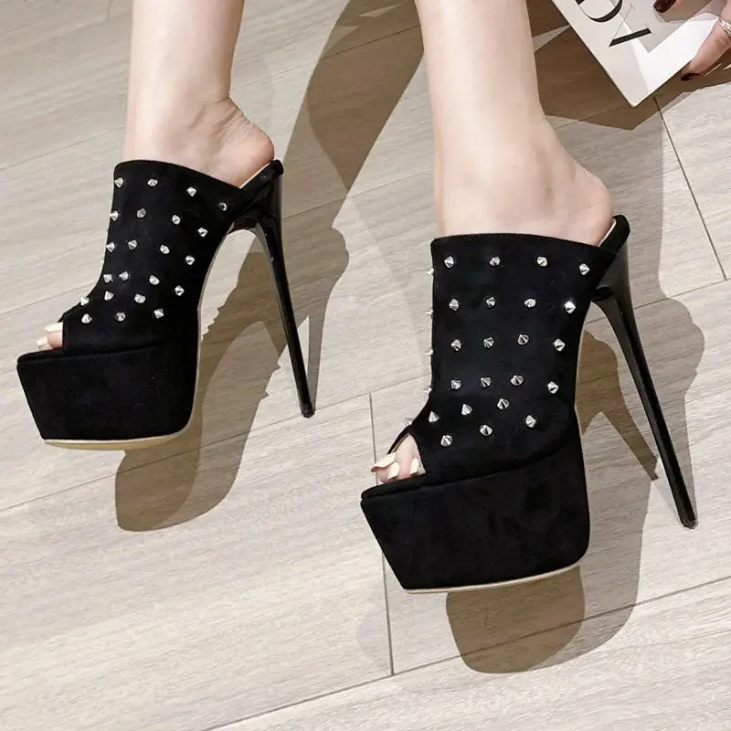 

Модные женские тапочки на очень высоком каблуке-шпильке 16 см, черные женские шлепанцы на платформе с заклепками, вечерние сандалии для стриптиза с открытым носком, женские сабо