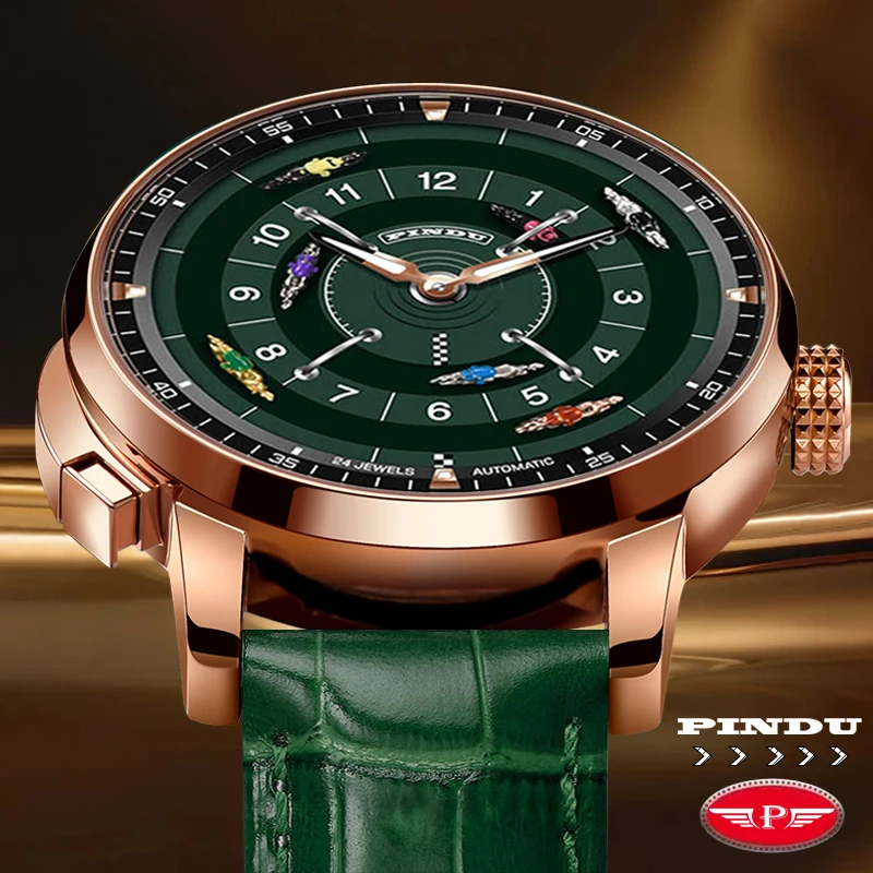 PINDU Design button Rotating Dial horse race Mechanical Watch Men NH35 movement sapphire waterproof Automatic Mechanical Watch