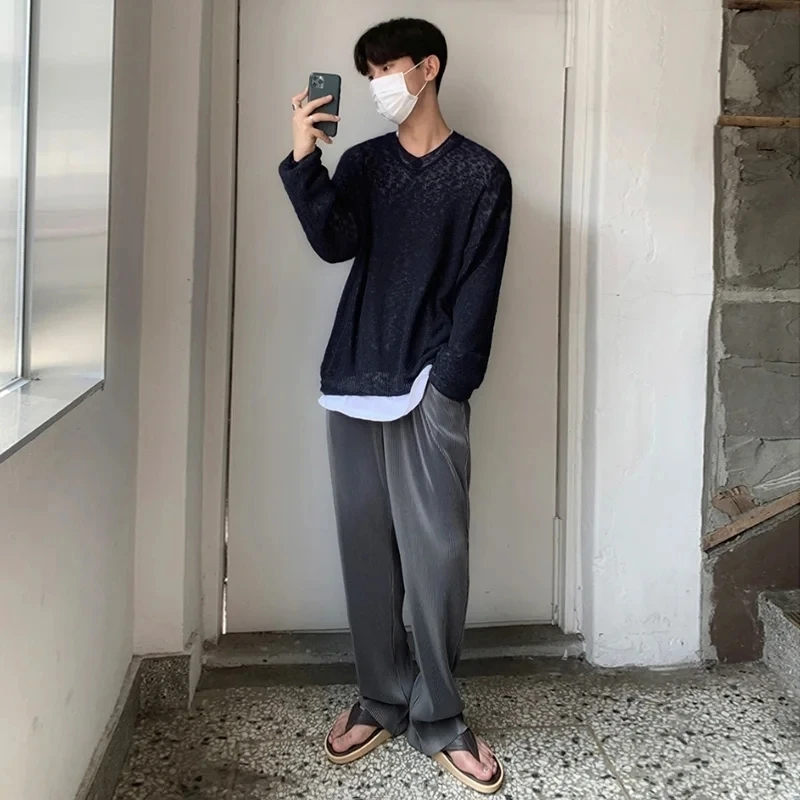 Summer Pleated Pants Men Fashion Gray Black Ice Silk Pants Men Streetwear Korean Loose Straight Pants Mens Trousers Plus Size