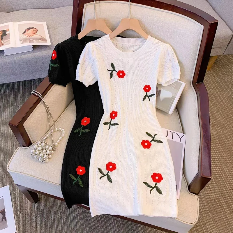 Cheap Casual Women's Dresses Fashion Flower Cultivation Knitted Dress Women Short Sleeve O-Neck Slim Bodycon Sweater Dress