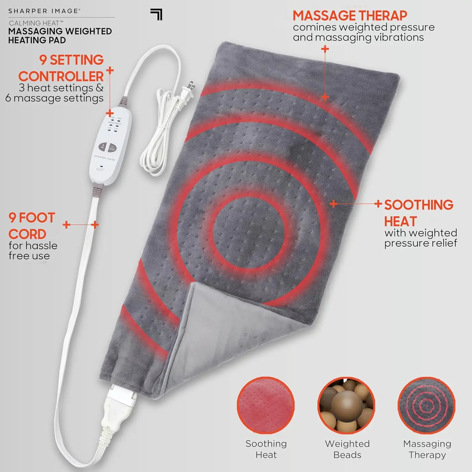 Calming Heat Massaging Weighted Heating Pad by Sharper Image- Weighted Electric Heating Pad with Massaging Vibrations