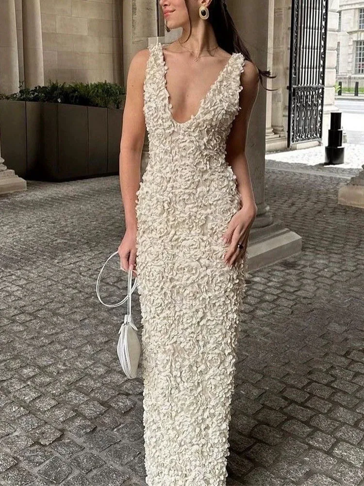 Social socialite vest style V-neck dress sweet and spicy style private dress 3D three-dimensional flower solid color dress