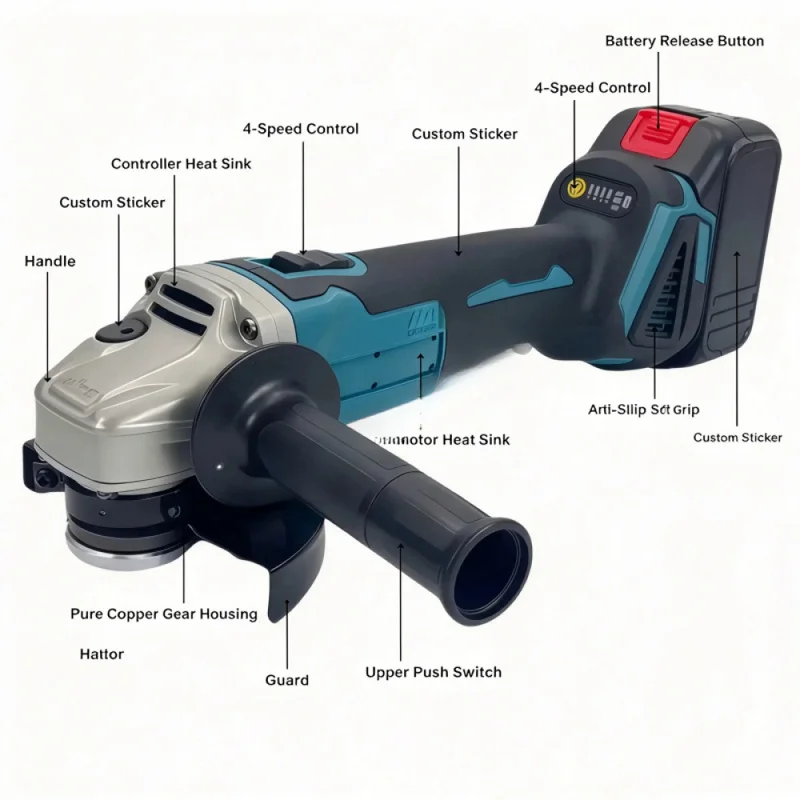 Brushless Angle Grinder 21v Cordless High Power Industrial Electric Tools 2 Batteries Charger