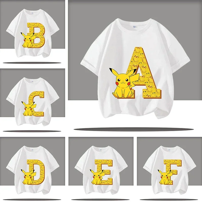 

2026 summer T-shirt, letter A-Z cartoon print Pokémon children's crew-neck short-sleeved boys' sports shirt, girls' casual top