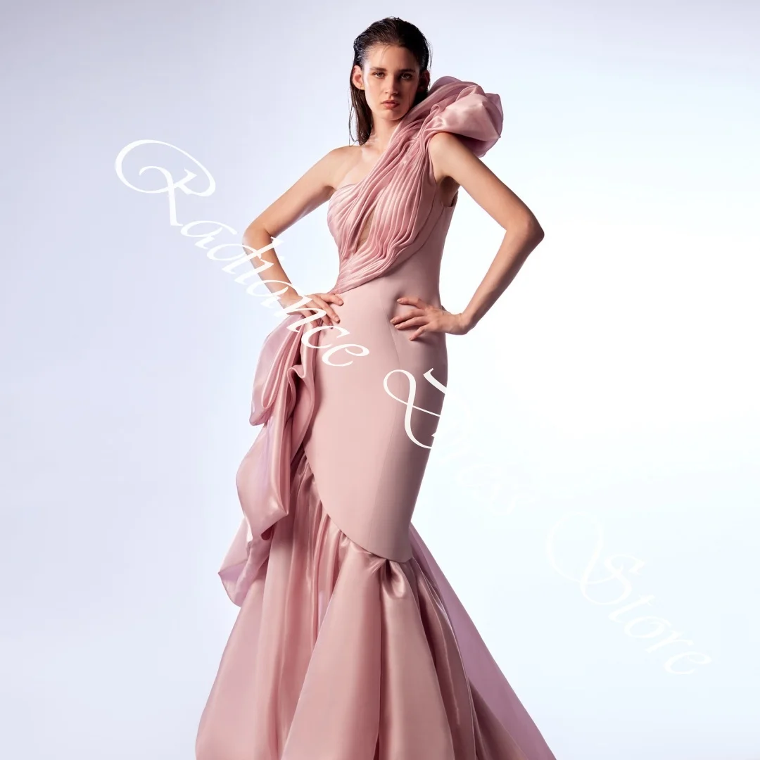 فساتين سهرة مخصصة من الساتان اللامع بكتف واحد وسحاب خلفي بدون أكمام وقطار مناسبة خاصة #6