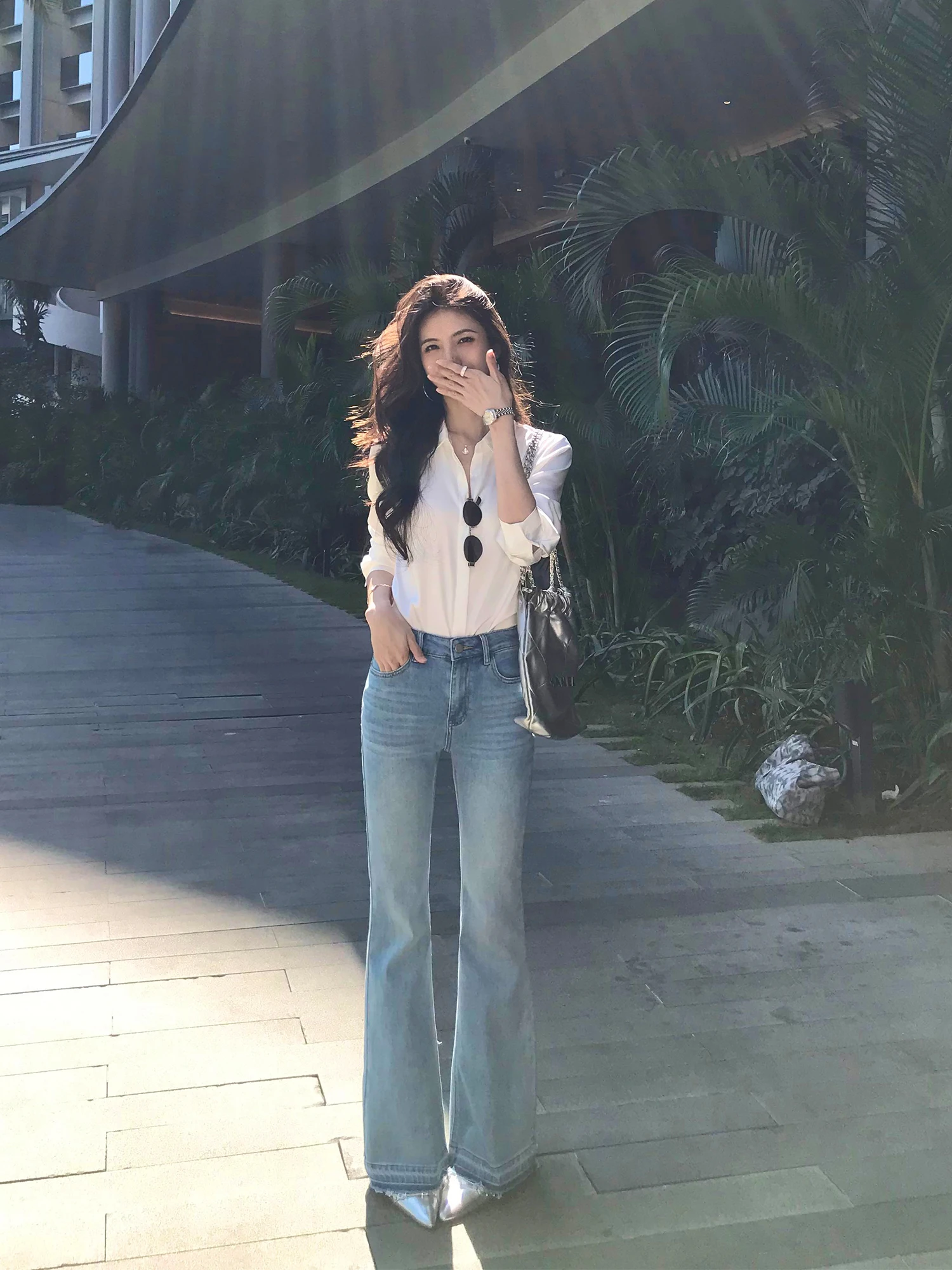 

Джинсы Mulvan Casual светло-голубые с рваным краем, микро-клеш, женские, прямые, облегающие, длинные брюки, с высокой талией, из хлопкового денима