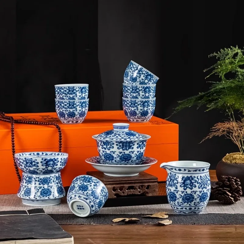 Jingdezhen Blue and White Eight Treasures Set Suit High-End Household Ceramic Sancai Gaiwan Cup Office Reception