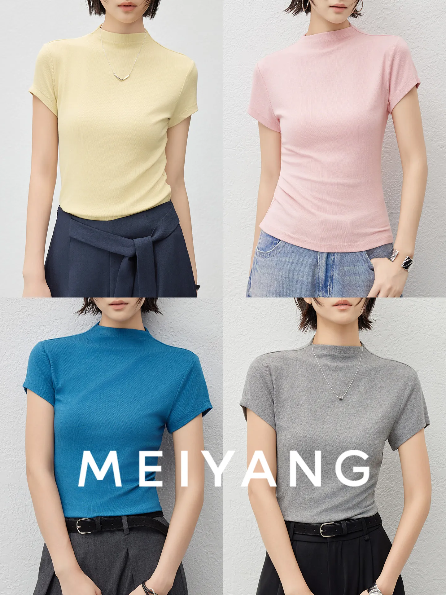 

Meiyang Kardaian Knitted Cotton ort Sve Stand Collar Elastic T-irt Casual Sle Slim Fit Summer Top for Women