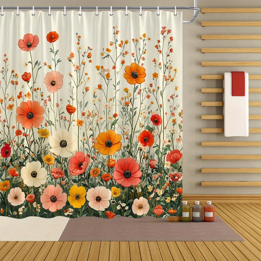 ~O~1pc Lush Flower Field Shower Curtain - Red Poppies & Peonies, Soft Beige Background, Polyester, 70x70