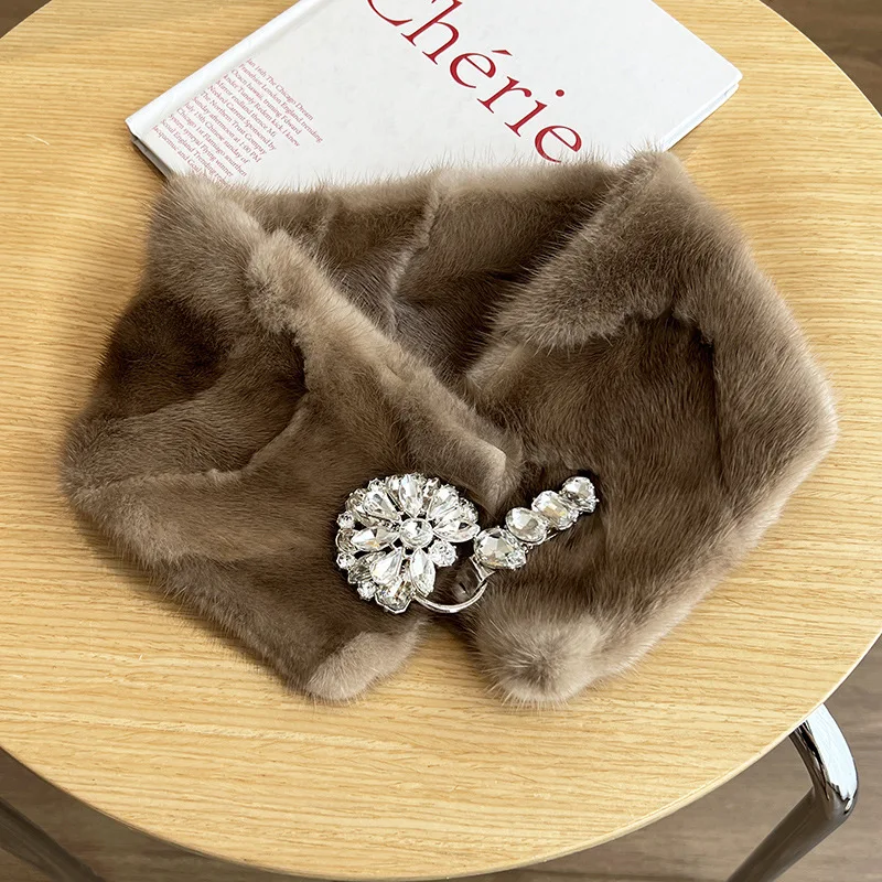 Real Natural Mink Fur Snood Scarves Cross Scarf For Women Autumn Winter Keep Warm Thick Plush Neck Collar Solid Color Girl Gifts