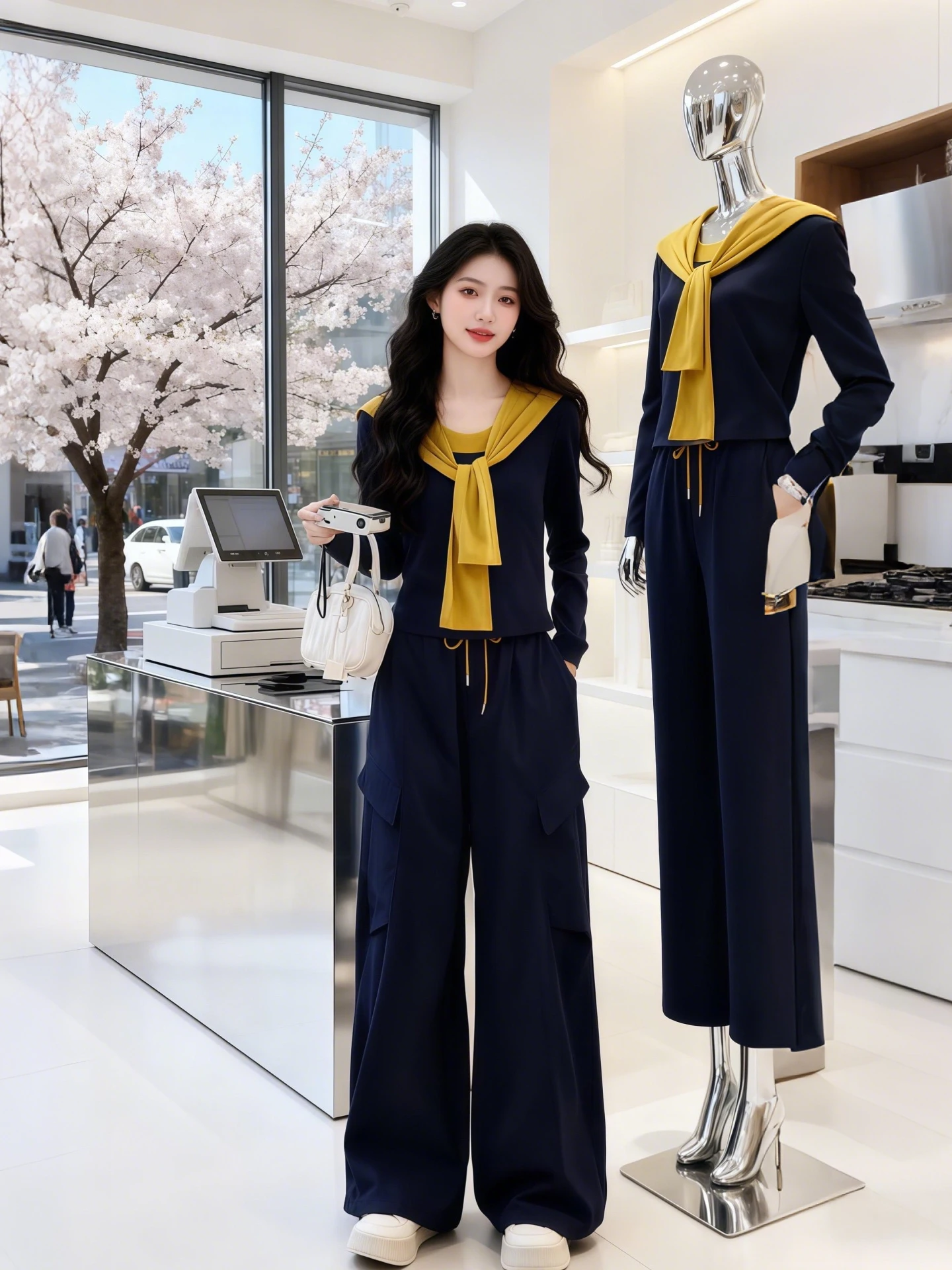 

Fashionable Commute Inspired Women's Two-Piece Set with Color Collision Long Sleeve Wide Leg Pants Spring Autumn Collection