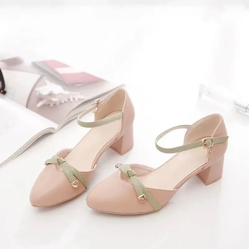 Zapatos De Mujer Women Fashion Bow Tie High Quality Beige Patent Leather Buckle Strap Spring Shoes Lady Cute Office Heels A222