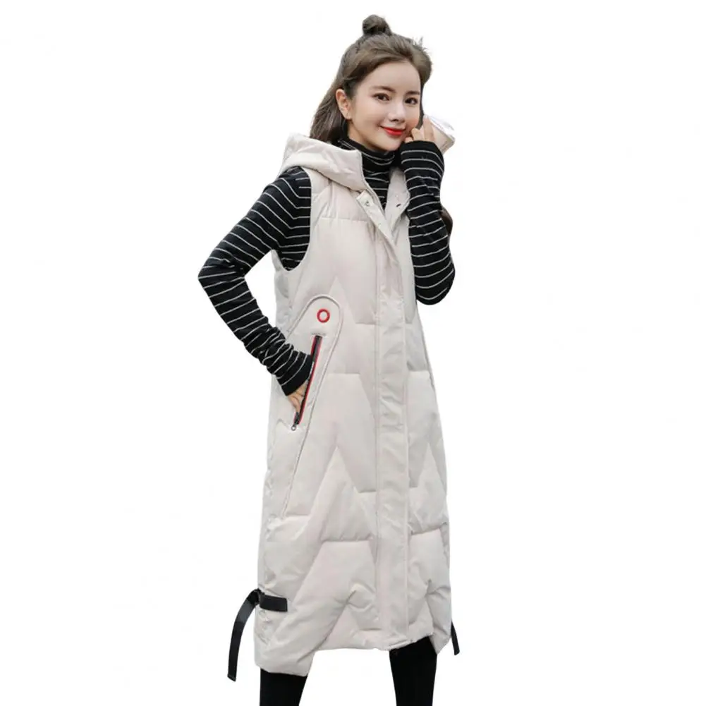 Women\'s Vest Fashion Winter Faux Leather Padded Long Jacket Hooded Coat White Sleeveles Female Waistcoat Chic Clothes Tops