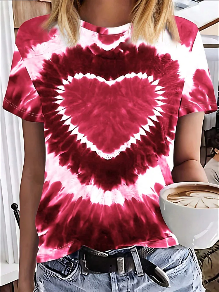 Tie dyeing 3D Print Tshirt Women Summer Heart Pattern All-Over Printed Short Sleeve T-Shirt O-neck Korea Style Female Streetwear
