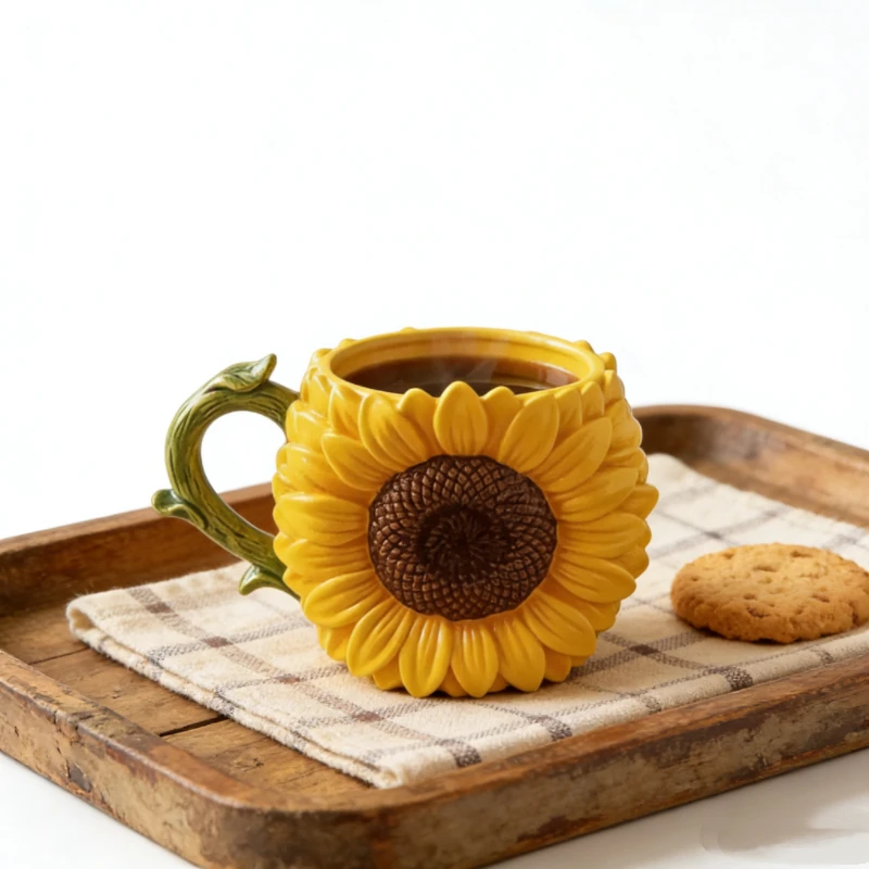 Sunflower Ceramic Coffee Mug - 3D Floral Novelty Cup, Yellow Decorative Mug for Home Office & Gift Use view 4