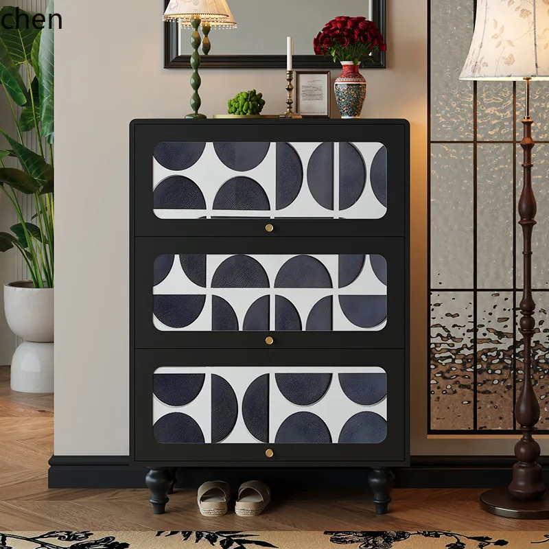 LXC Retro Geometric Entryway Shoe Cabinet, Home Living Room Wall-Mounted Integrated Solid Wood Functional Storage Cabinet