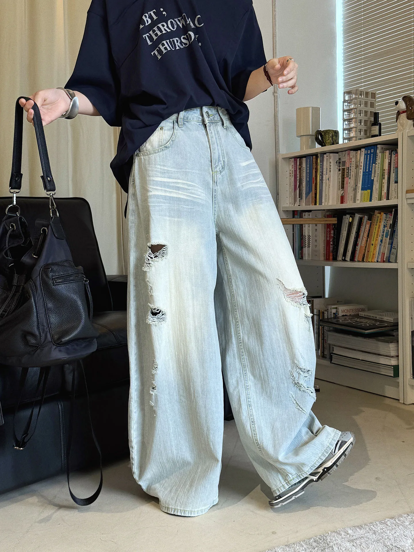 Summer New American Fashionable Cat Beard Water Washed Grinding White Punched Jeans Wide Leg Pants Women