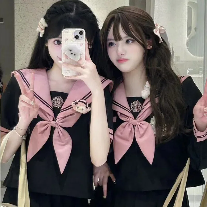 Summer Original Black Pink Sailor Suit JK Uniform Women Japanese Fashion School Uniform Suit Floral Embroidery Bow Pleated Skirt