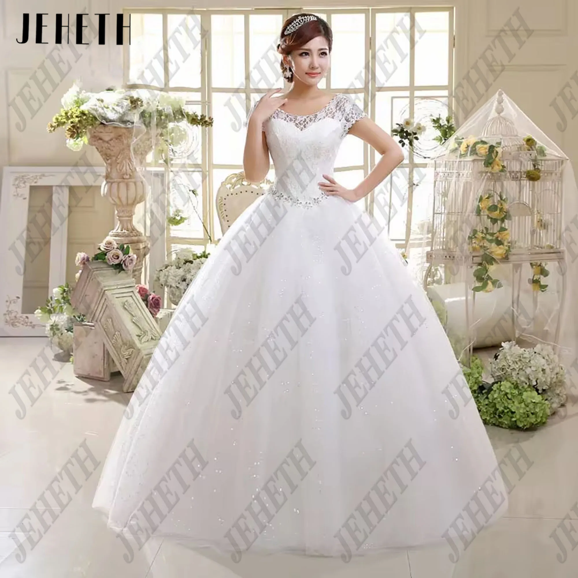 JEHETH Vestidos de talla grande foto Real encaje blanco puro cuello redondo lentejuelas Vestidos de novia baratos princesa Vestidos de novia vestido personalizado Jeheth Big Yard chaleco foto en vivo encaje blanco puro