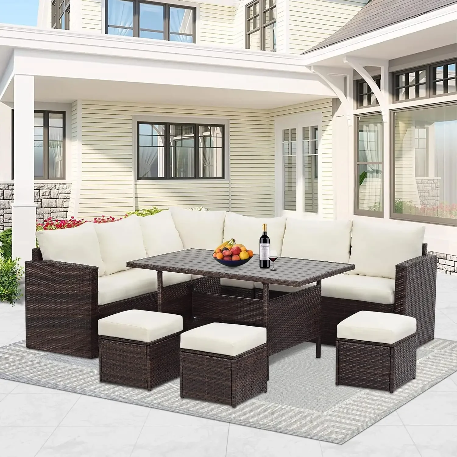 7 Piece Patio Furniture Set, All Weather Wicker Patio Conversation Sets with Cushion Seat & Pillows, Outdoor Dining Set