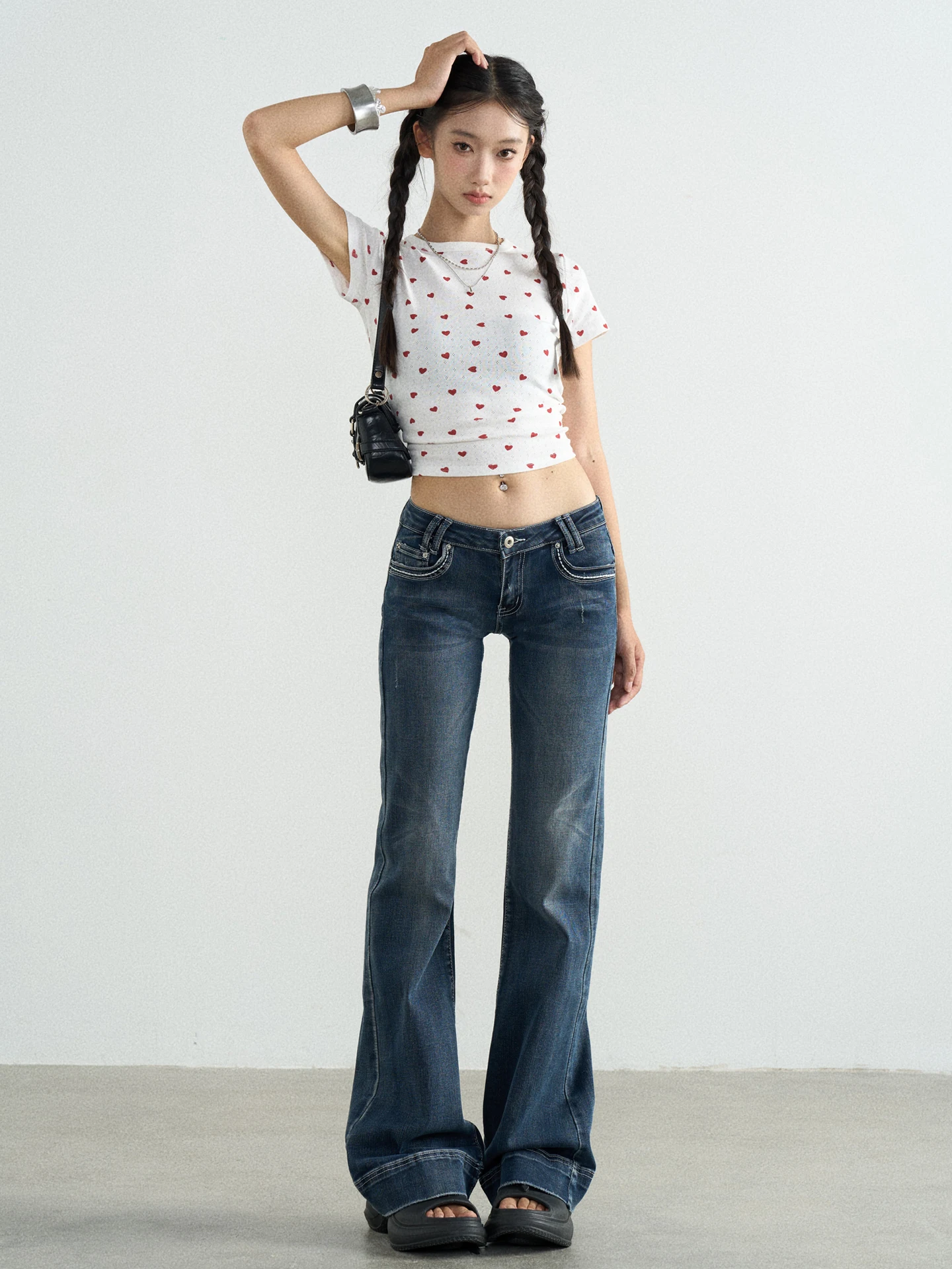 American Sle Jeans da donna a vita bassa Bell Bot High Elastici Waed Blu pavimento-lunghezza Retro Sle Primavera Autunno
