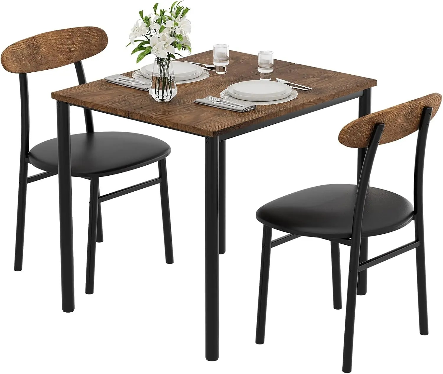 3 Piece Square Dining Table Set For 2 People, Rustic Wood Grain Dinner Table With 2 Upholstered Dining Chairs, Metal Frame Small Kitchen Dining Set