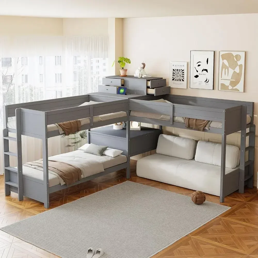 L-Shaped Triple Bunk Bed with Desk, Solid Wood, Charging Station, Suitable for Kids, Teens, Adults, Gray