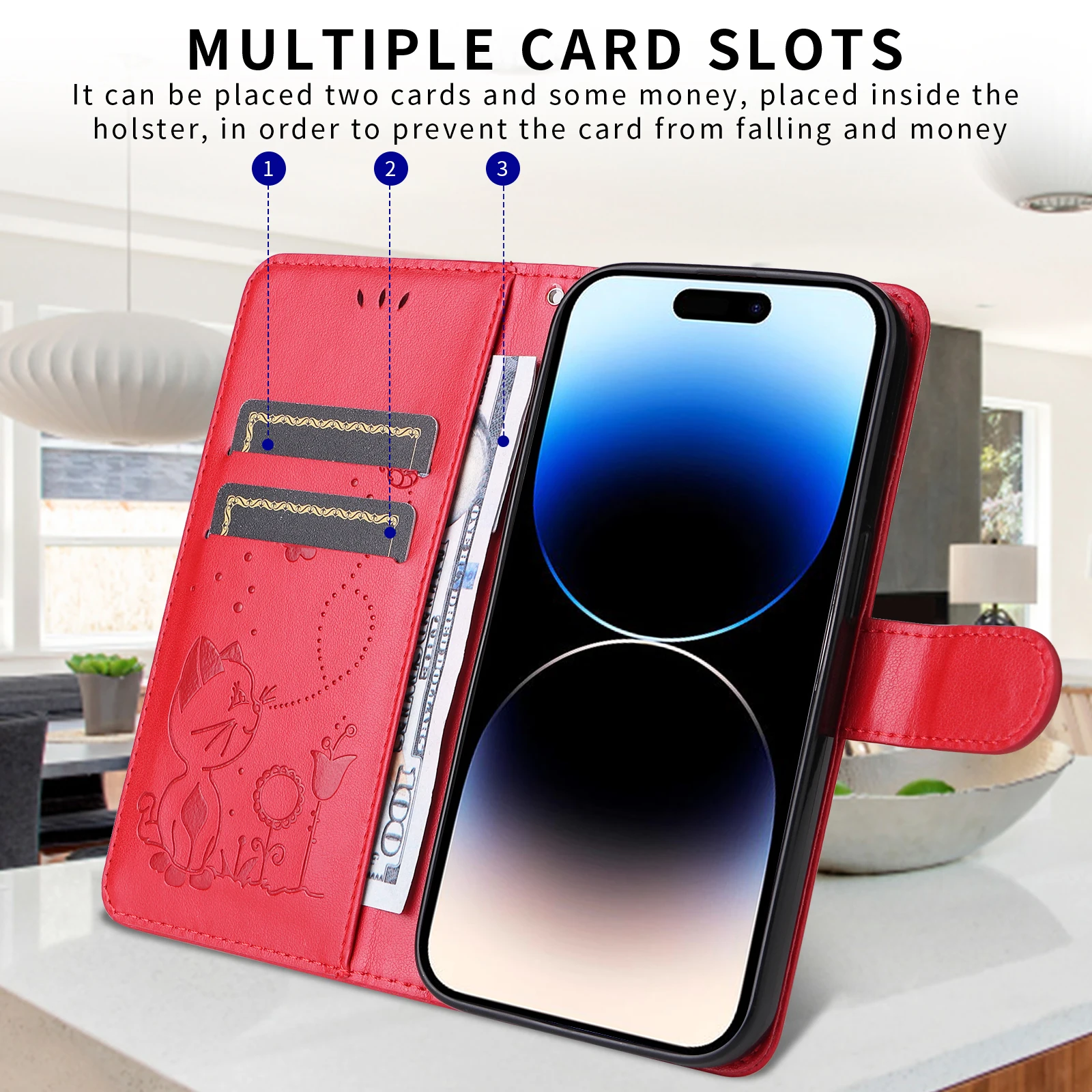 

Leather Embossed Phone Case For iPhone 14 Plus iPhone 15 Promax With Built-in Card Slot Single Folding Process Small Black Rope