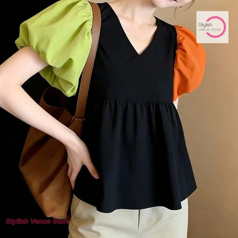 French contrast bubble sleeve top women's spring and summer new fashionable western style niche high-grade black casual shirt