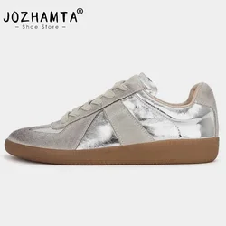 ZHAMTA-Baskets décontractées en cuir véritable pour femmes, chaussures de sport argentées à lacets, talons bas, chaussures plates de tennis respirantes à lacets, taille 35-40