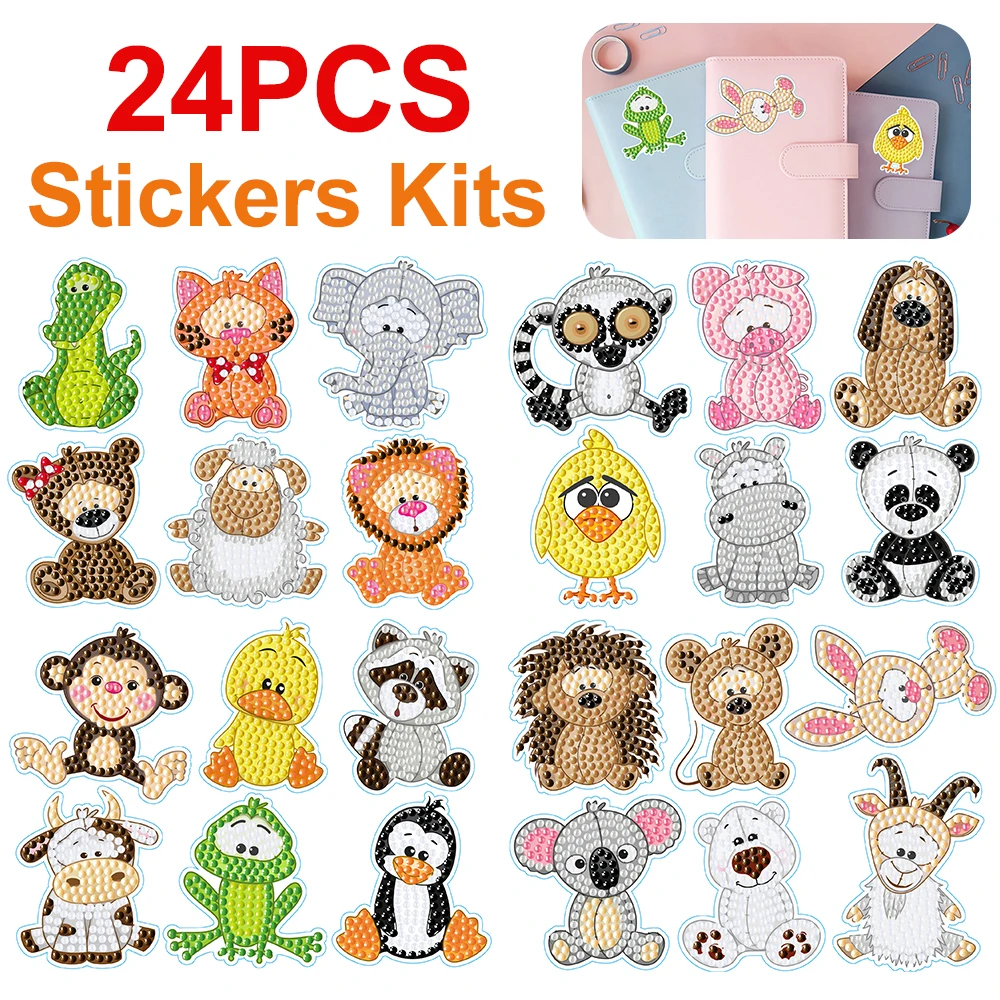 24pcs Animal Gem Sticker Diamond Painting Stickers Kits Art Crafts Handmade DIY Cartoon Stickers for Kids Beginner Children Gift