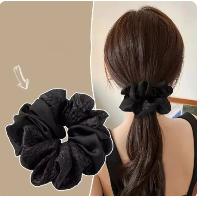 2026 New Premium Large Black Pleated Scrunchies for Women High-End Elegant Hair Ties Bow Hair Accessories Headwear