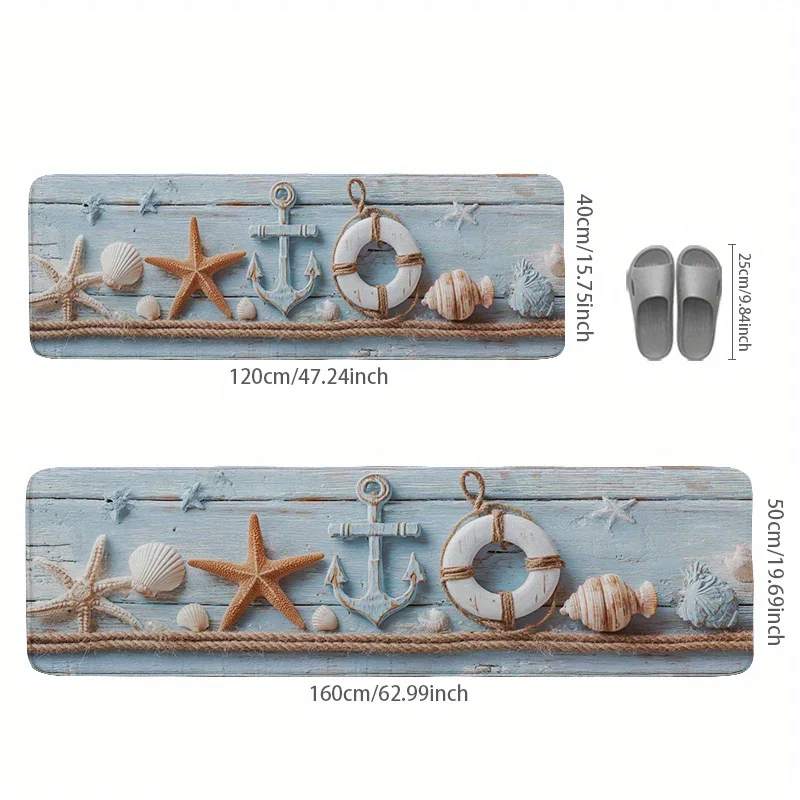 Coastal Beach Themed Long Bath Runner Mat Anti Slip Water Absorbent Rug Starfish Shell Anchor Decor Carpet for Entrance Laundry view 5