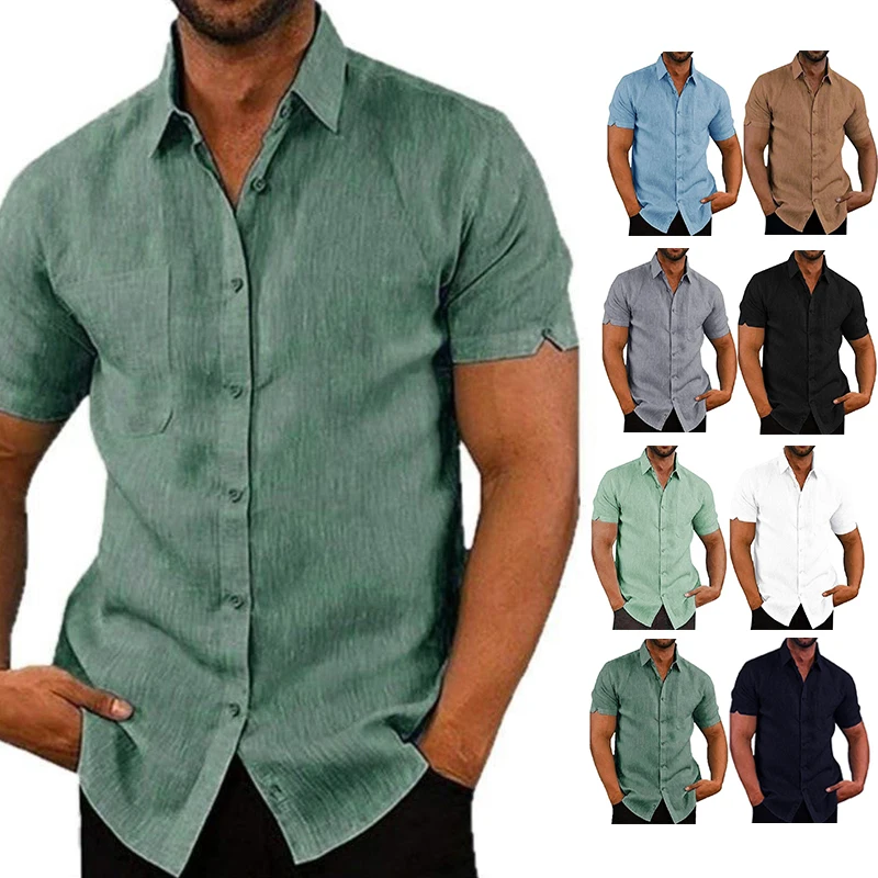 Summer Cotton Linen Casual Shirts Men Short Sleeve Solid Color Turn Down Collar Shirt Mens Breathable Beach Style Blouse