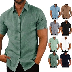 Camisas casuais de algodão de linho masculina, manga curta, cor sólida, gola virada para baixo, respirável estilo praia, verão