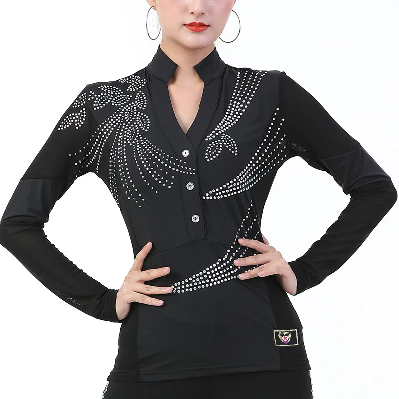 

Full Sleeve Rhinestone Pattern Women's Dance Suit Top Latin Dance Top