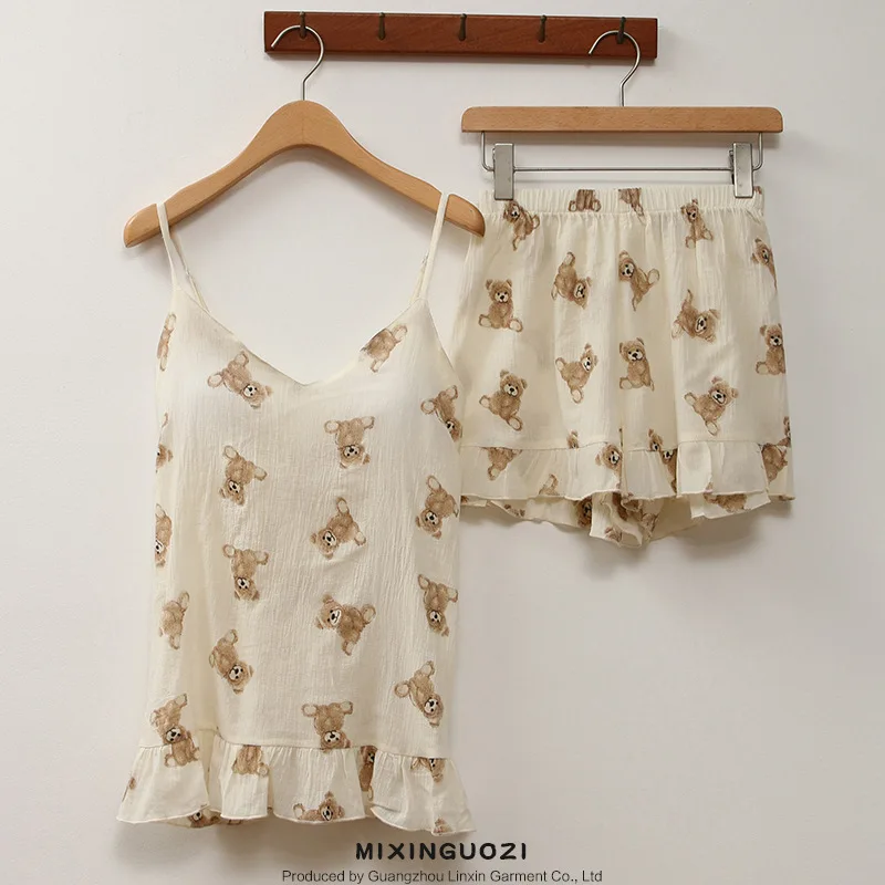 Summer Ins Cartoon Little Bear Print Women pigiama Lady Two Piece Set Homewear Female Loose Casual Nightwear Sleepwear