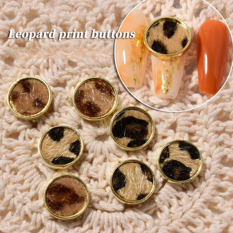 10Pcs INS Retro Amber Shell Leopard Button Alloy Nail Charms Vintage Autumn Winter Manicure DIY Rhinestone Decorations
