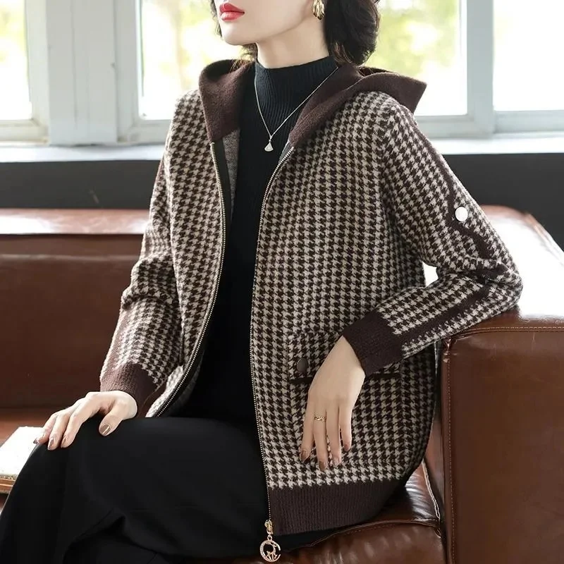 Veste d'hiver en fourrure de vison pour femme, manteau à grille mille oiseaux, réduction de l'âge, tenue vertébrale, cardigan pour femme, mode pour femme, 2024