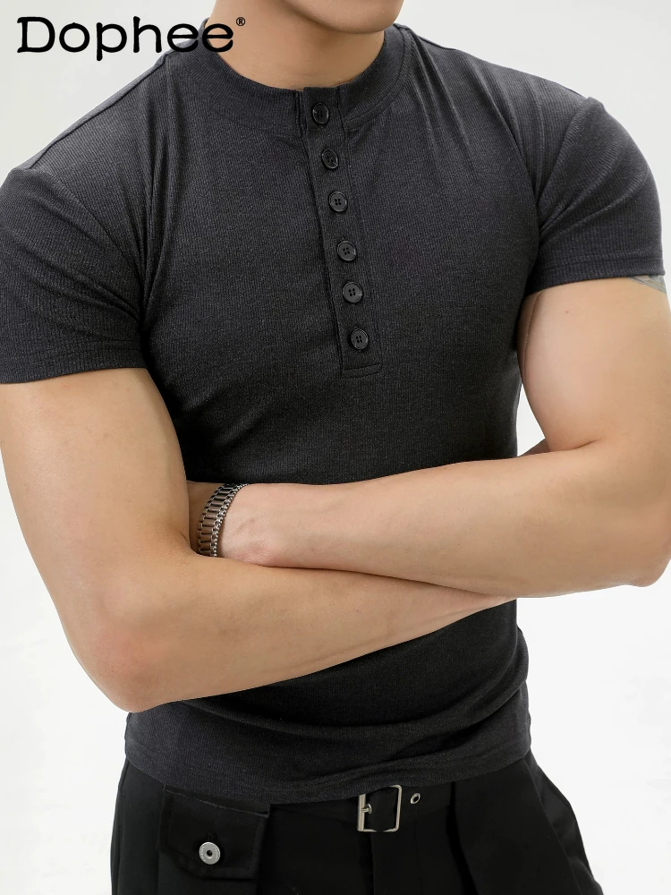 

2026 Men's Summer New Fashion Button Decoration Tees Male Slimming Solid Color Short Sleeve Tops Comfort Sports Fitness T-Shirts