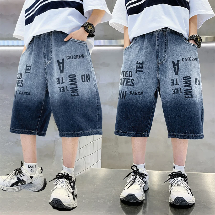 Stylish Kids Summer Knee Length Gradient Blue Denim Shorts with Letters For Boys Casual Loose Straight Capris Jeans Child Bottom