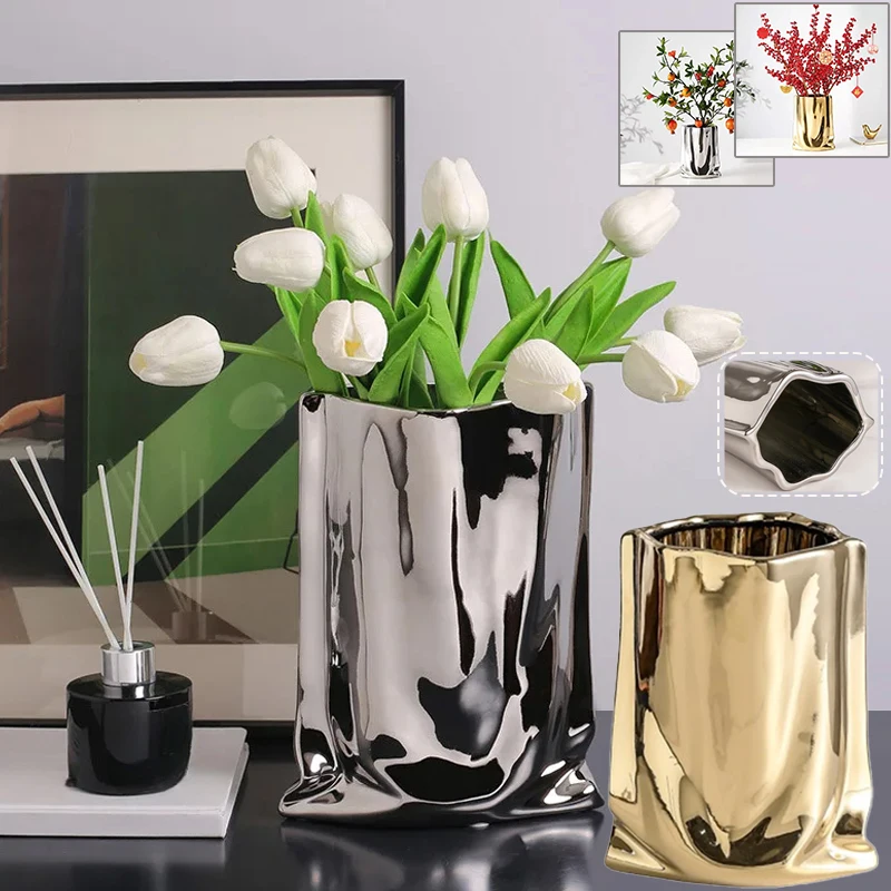 

Pleated Texture Electroplated Ceramic Vase Minimalist Paper Bag Shaped Tabletop Flower Vase Non-slip bottom Decorations for home