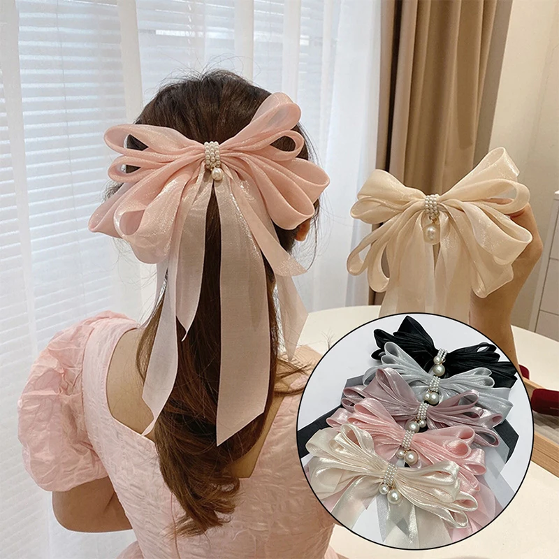 Korean Big Ribbon Hair Clip Hair Ribbon Ponytail Pearl Big Organza Bow Hair Pins Long Ribbon Temperament Fashion Hair Accessory