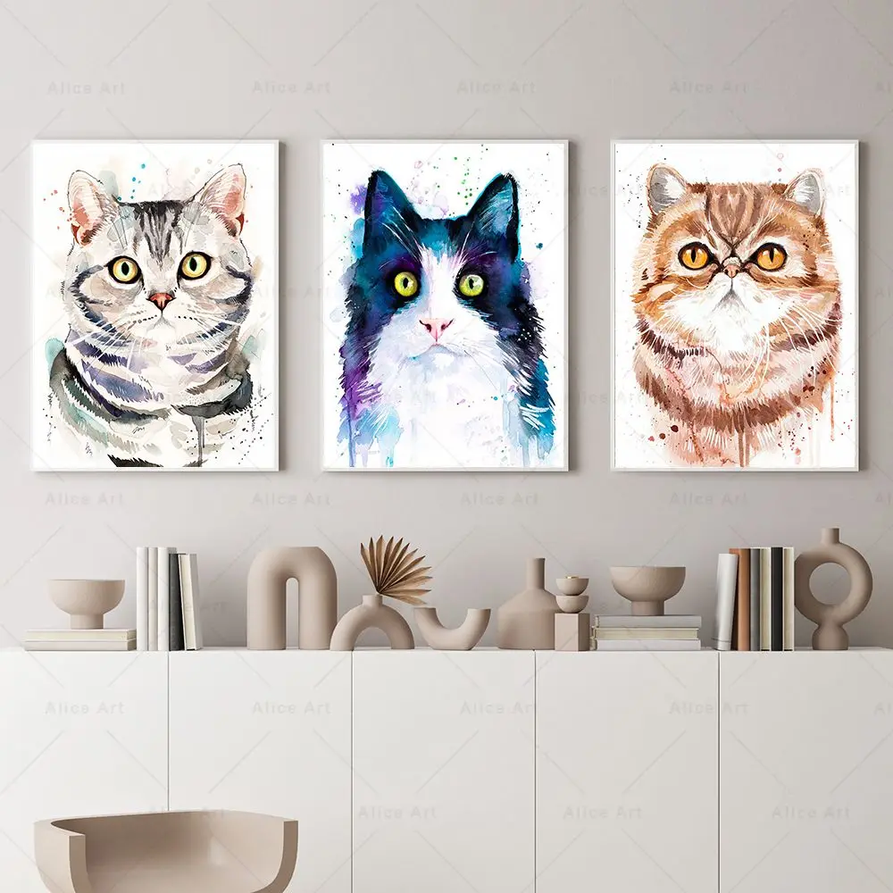 

Watercolor Animal Posters Prints Cute Cat Illustration Canvas Painting Nursery Wall Art Pictures Children Room Home Decoration