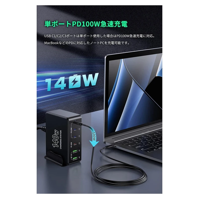 USB Charger 140W PD Fast Charger, Single Port 100W/PD 3.0, Compatible 6 Devices Simultaneously For Phone Laptop