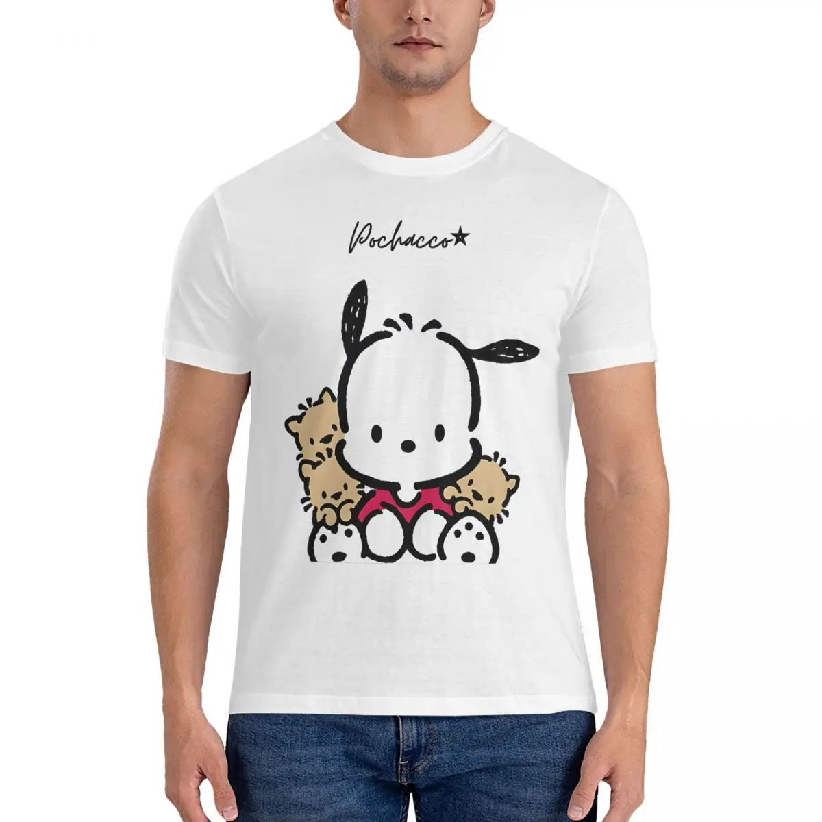 Sanrio Cartoon Character T-Shirts for Men Pochacco Funny Cotton Tee Shirt Round Neck Short Sleeve T Shirts 4XL 5XL Clothes