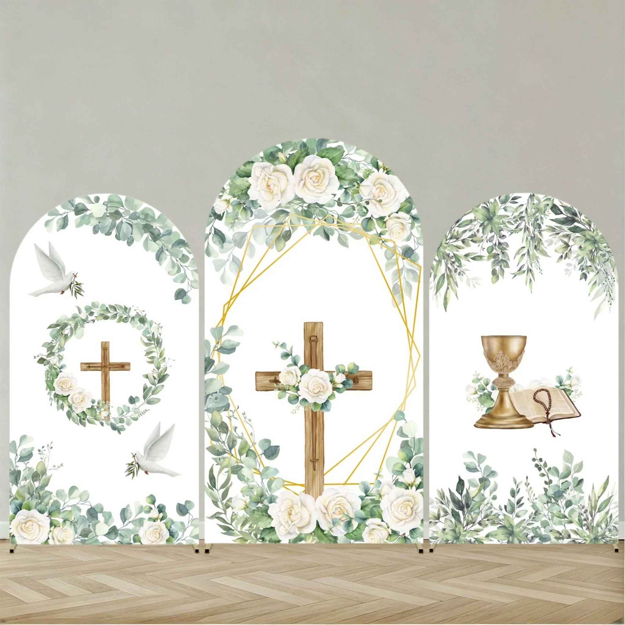 My First Communion Arch Backdrops Cover Flowers God Bless Holy Cross Dove Girl Boy Baptism Baby Shower Decor Arched Background