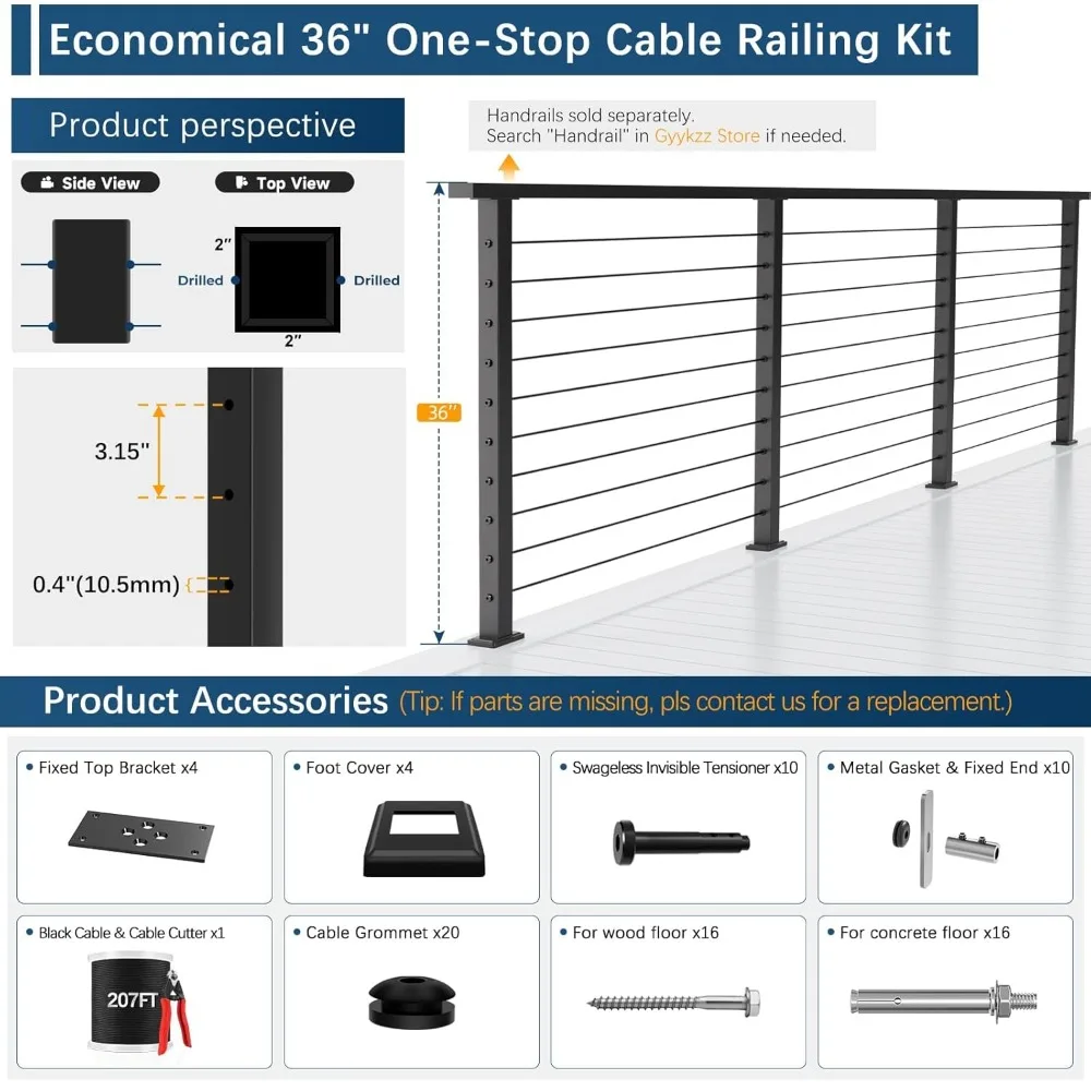 Economical Black Cable Railing System for Decks, 12-20FT, 36 Inch Posts, 4-Level, SST304 U Stainless Steel Kit